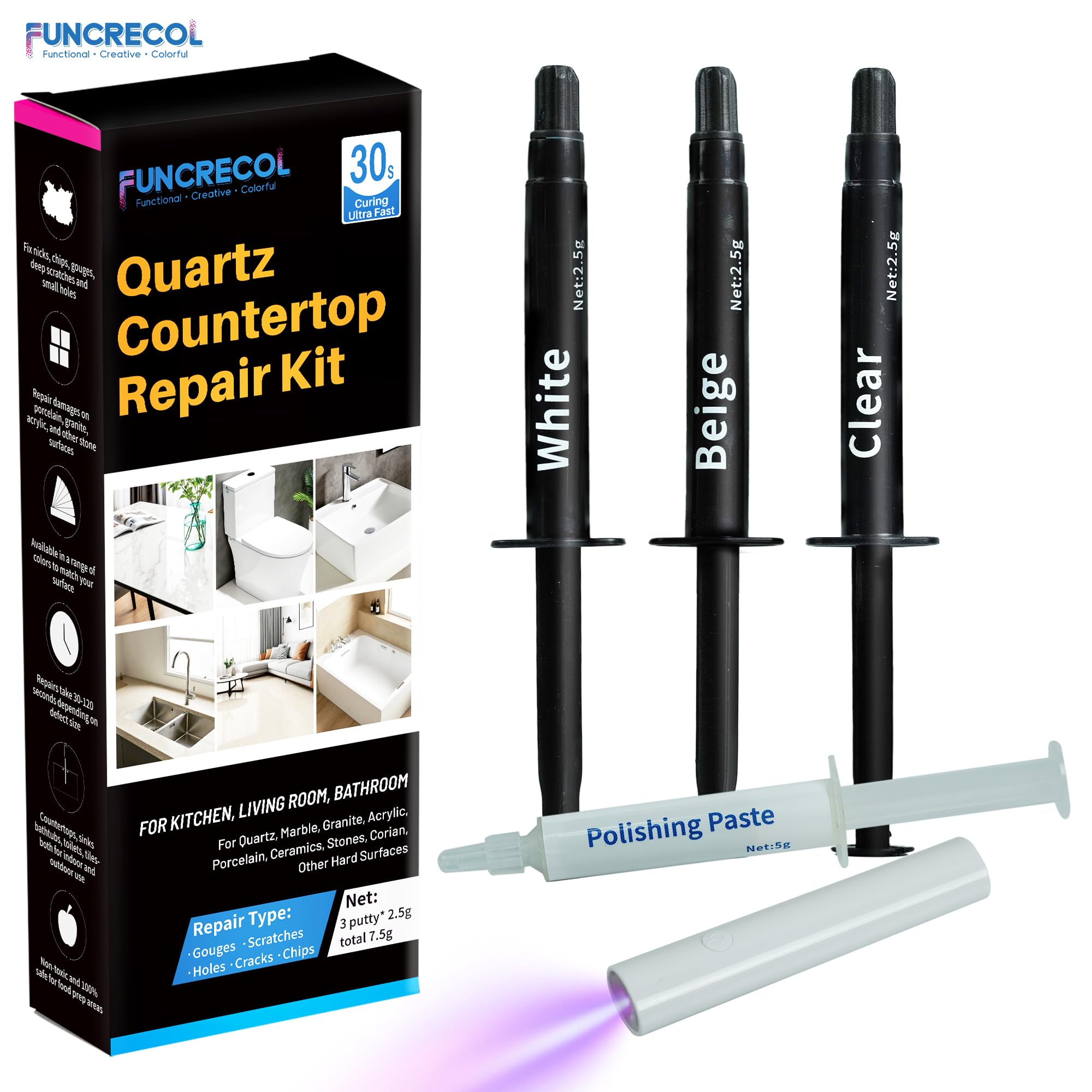 FUNCRECOL Pro Quartz Countertop Repair Kit, 30s Quick-Dry Stone Filler