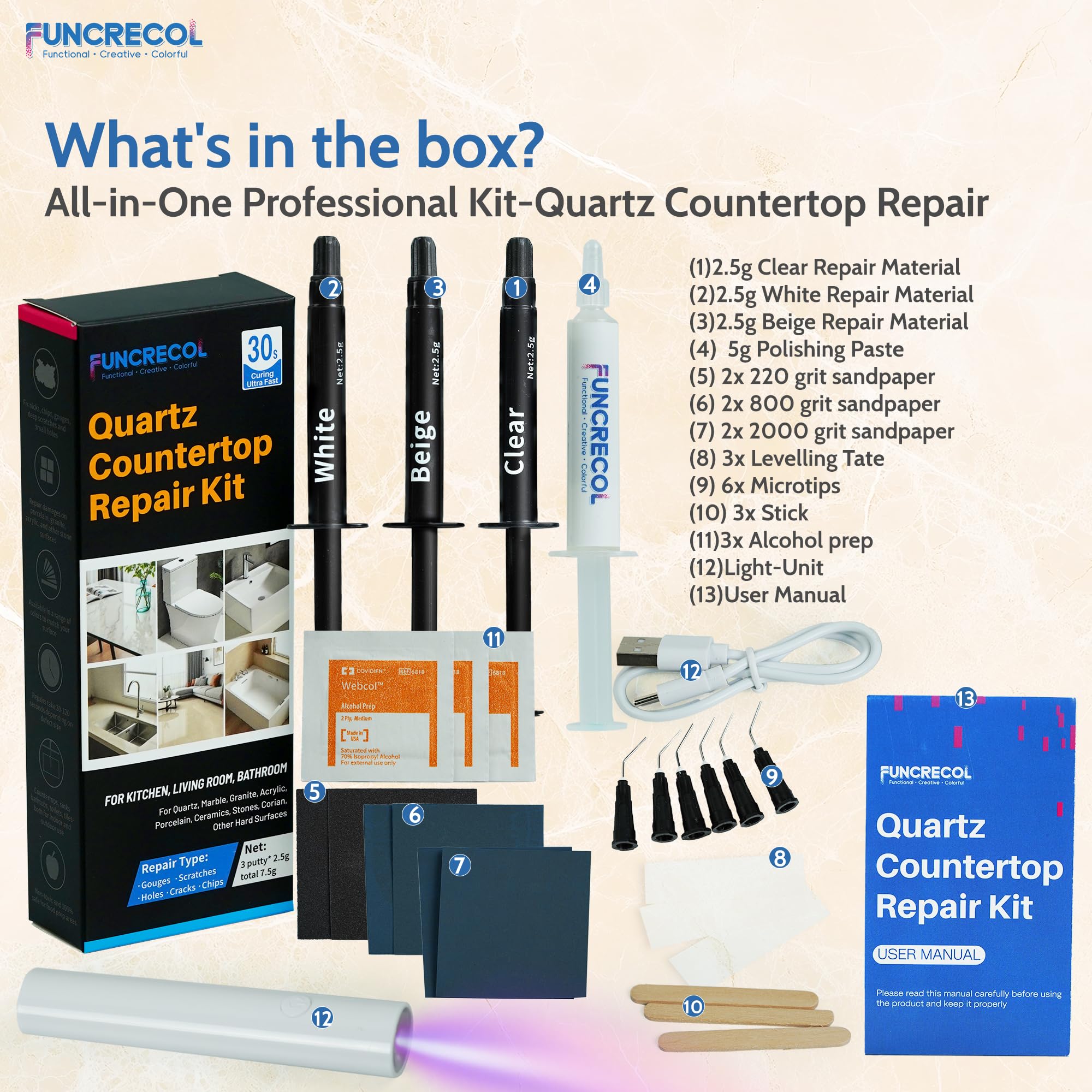 FUNCRECOL Pro Quartz Countertop Repair Kit, 30s Quick-Dry Stone Filler