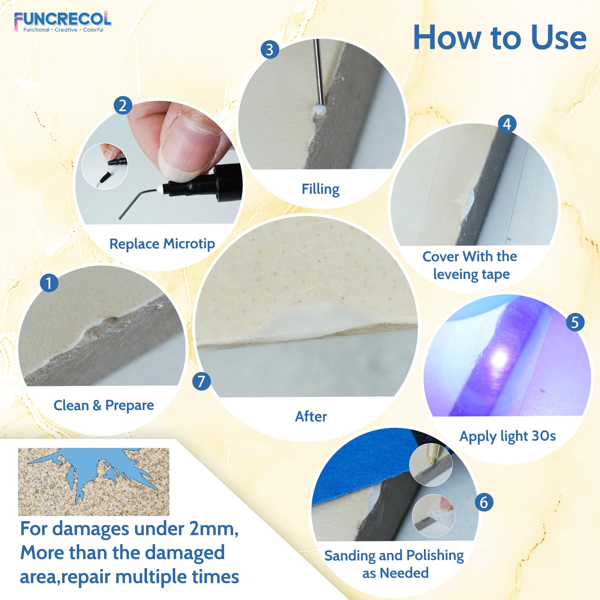 FUNCRECOL Pro Quartz Countertop Repair Kit, 30s Quick-Dry Stone Filler